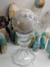 Load image into Gallery viewer, 2.5&quot; Amazonite &amp; Pyrite Crystal Sphere with Glass Stand
