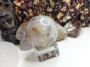 1.5-2" Black Tourmalinated Quartz Sphere with Stand
