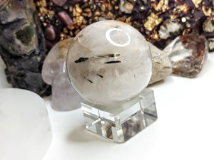 1.5-2" Black Tourmalinated Quartz Sphere with Stand